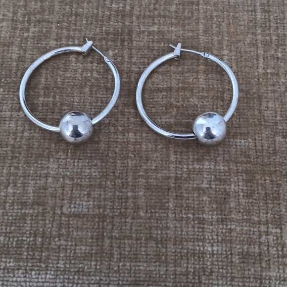 Silver Tone Latch Back Bead Hoop Earrings - Picture 1 of 6